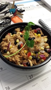 Ancho Chicken Bowl. Rice, shredded chicken, blacks beans and a cilantro/corn mixture. This one packs some heat!
