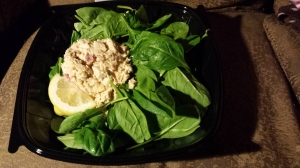 The most amazing chicken salad spinach salad. No extra dressing required. Even has dried cranberries!